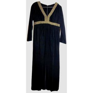 Vintage Black Velvet Dress Gold Greek Style Trim Zip Back Maxi Rayon Size 16
